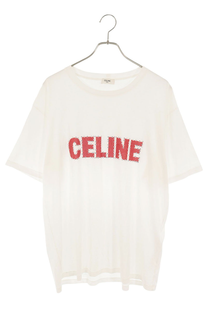 セリーヌ CELINE　サイズ:M 2X15M671Q クラックロゴスタッズプリントTシャツ(ホワイト)【017062】【SS13】【メンズ】【中古】bb127#rinkan*C｜RINKAN