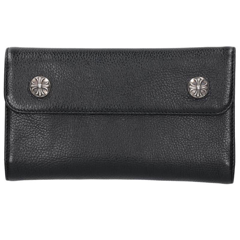 クロムハーツ Chrome Hearts WAVE CROSS BALL ウェーブ クロスボールボタンレザーウォレット財布(ブラック×シルバー)【217062】【OK15】【小物】【中古】bb411#rinkan*S|RINKAN