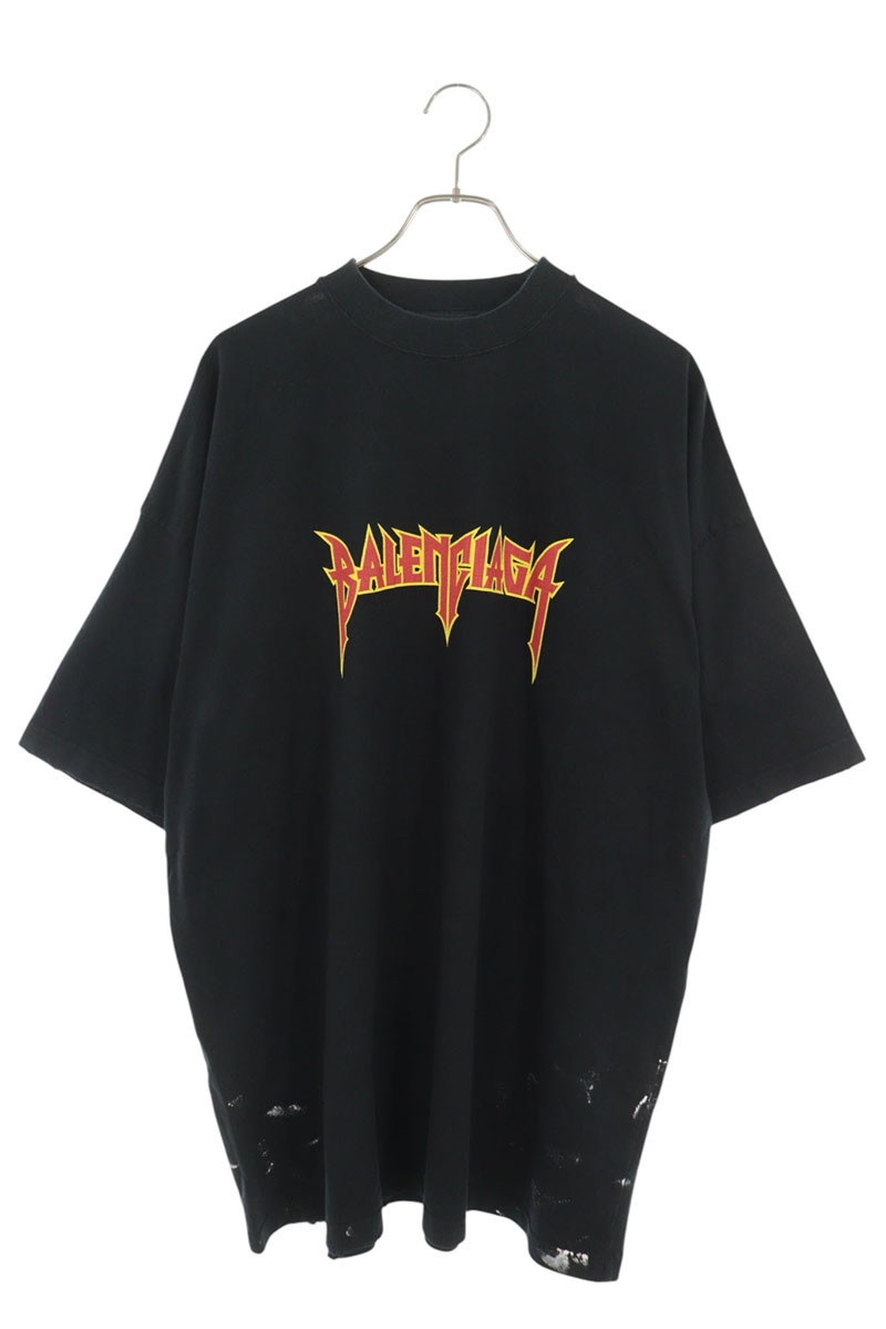 バレンシアガ BALENCIAGA　サイズ:3 694576 TMV88 メタルロゴペンキクラッシュ加工Tシャツ(ブラック)【317062】【SB01】【メンズ】【中古】bb127#rinkan*B ｜RINKAN