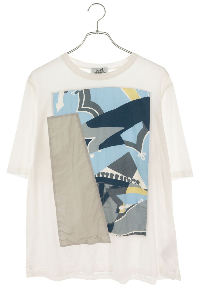 エルメス HERMES　サイズ:M ジオメトリック素材切替Tシャツ(ホワイト&times;ライトブルー調)【227062】【BS99】【メンズ】【中古】bb384#rinkan*B ｜RINKAN