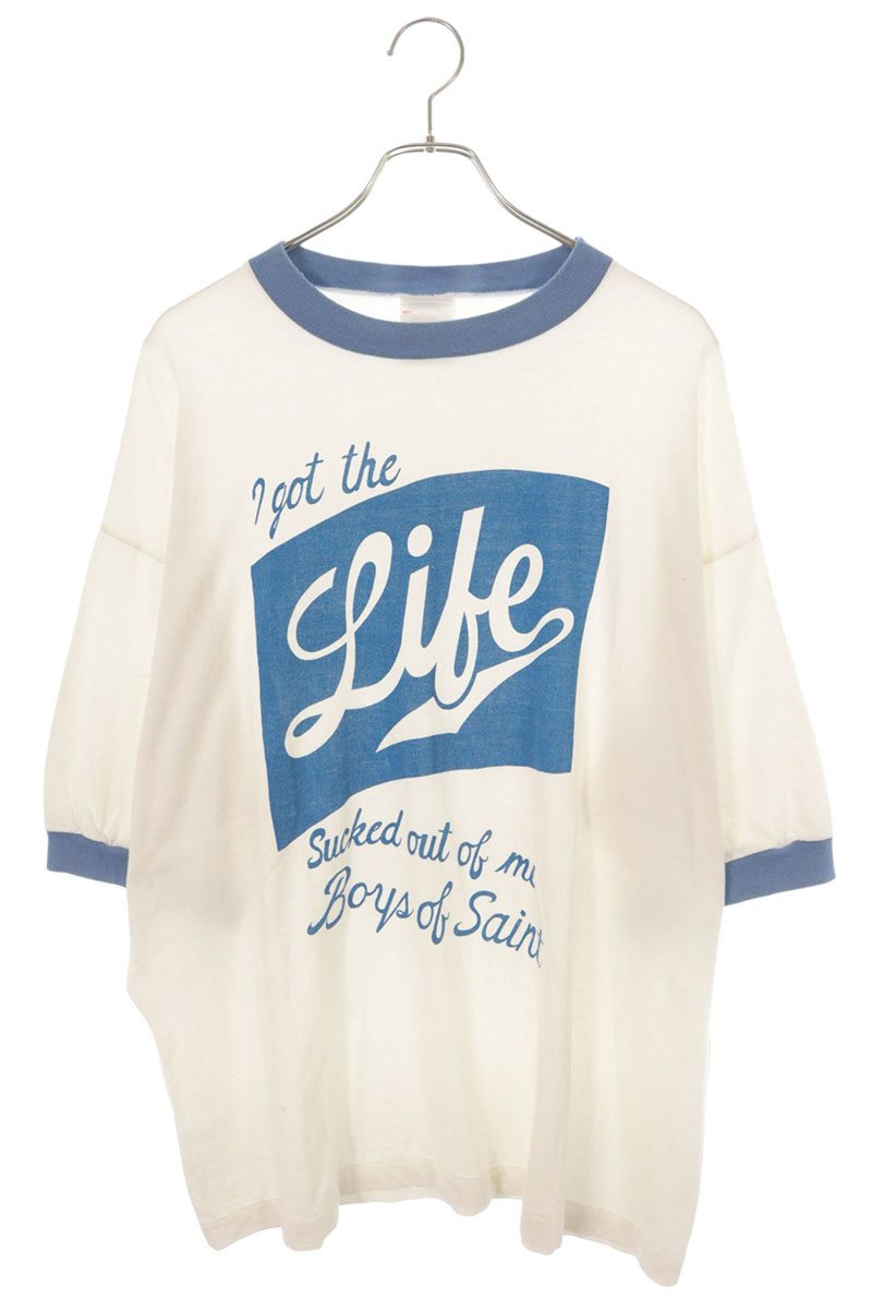 セントマイケル SAINT MICHAEL　サイズ:XL 26SS SM-MK8-0000-C16 フロントプリントヴィンテージ加工リンガーTシャツ(ホワイト&times;ライトブルー)【527062】【OM10】【メンズ】【中古】bb92#rinkan*B ｜RINKAN