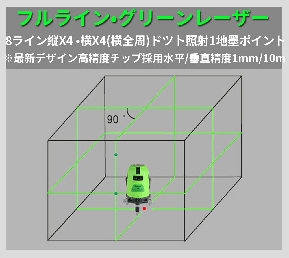 メーカー1年保証「本体+緑光受光器セット」10倍強光緑光8ラインシャープ製発光管高級電子整準グリーン緑青光レーザー墨出し器墨だし水平全方位フルラインLASERModel-G6