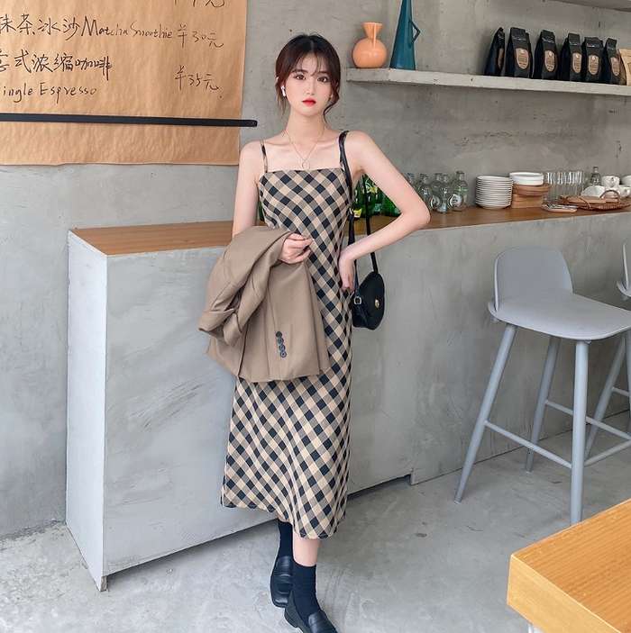 春新作 取寄 ワンピース ギンガムチェック レトロワンピース レディース レトロ柄 膝下 セクシー 大きいサイズ かわいい キャミワンピ