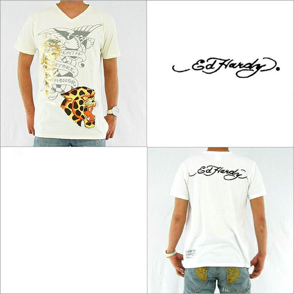 貨物輸送無料 メンズ ティーシャツ エドハーディー Ed Hardy レオパード Vのど首  白いこと 白 アメカジ アメリカン 鍵を掛ける