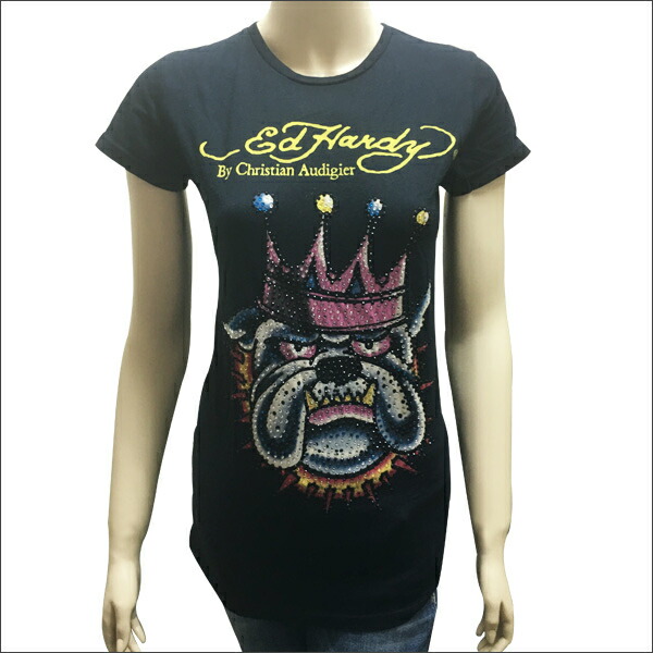 送料無料 レディース 半袖 Tシャツ エドハーディー Ed Hardy アメリカ限定 BULLDOG ブルドッグ スワロ ストーン アメカジ　アメリカン　ロック　セレカジ ブラック