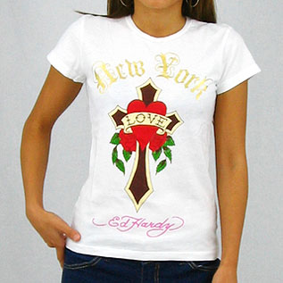 ED Hardy Womens Gothic Script Black S/ST-Love Crossr-White レディース Tシャツ 半袖 エドハーディー ゴシック スクリプト クロス オブ ラブ ed-23 アメカジ アメリカン ロック セレカジ 送料無料|Nstyle 店