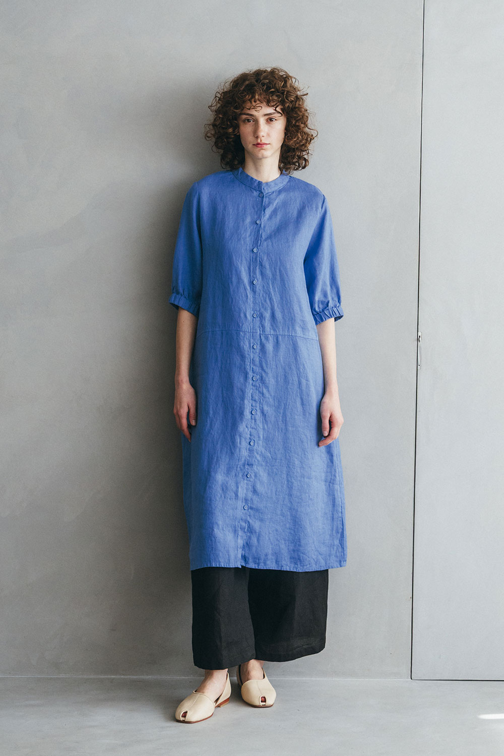 【美品✨洗える】フォグリネンワーク リネン ノーカラーダブルコート ワンピース fog linen work(フォグリネンワーク)/ インゲ コートワンピース