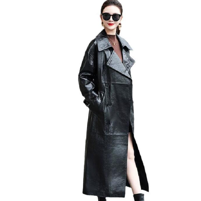 リアルレザー トレンチコート 本革 ラムレザーコート ロングコート レディース アウター レディースコート ladies coat 女性用 春秋冬コーデ ベルト付 ダブルボタン シンプル ベーシック 長袖 大人 上品 着痩せ効果 体型カバー ブラック|王冠婦人服