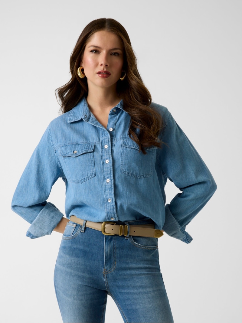 【SALE／10%OFF】GUESS/(W)WREN Denim Top ティーシャツ ジーンズティーシャツ GUESS ゲス トップス ティーシャツ・トップ 青碧【RBA_E】【貨物輸送無料】[ Fashion]
