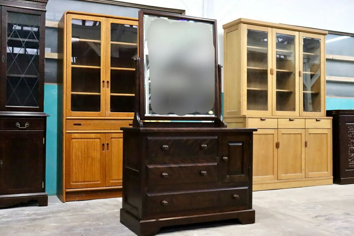 【中古】GMHH449B 北海道民芸家具 ドレッサー 鏡台 化粧台 ミラー チェスト 収納家具 樺材 無垢 和家具 和モダン 古民家 レトロ アンティーク【中古家具】|Guide-Maker店