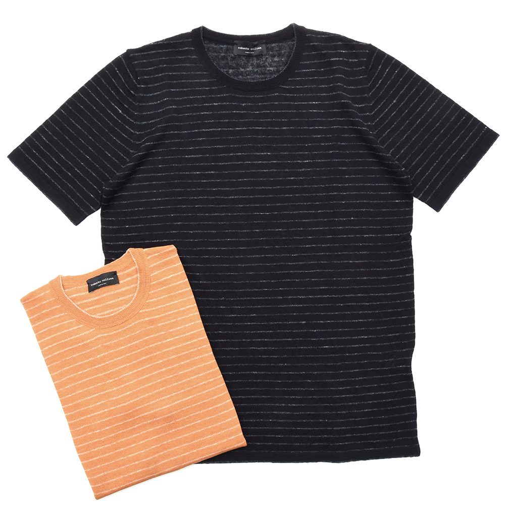 【SALE52%OFF】roberto collina（ロベルト コリーナ）ハイゲージリネンナイロンボーダーS/Sクルーネックニット RA39021 16091001025｜guji outlet