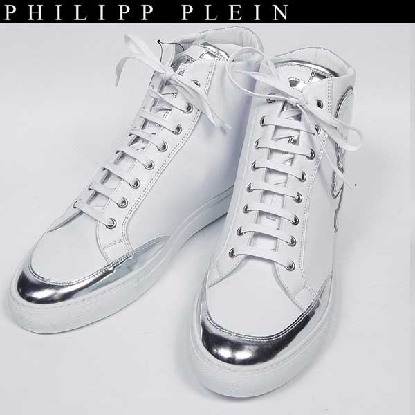 【楽天市場】フィリッププレイン PHILIPP PLEIN メンズ 靴 スニーカー ハイカット トゥ部分/かかと部分メタリックシルバー・ボディスカルロゴ付レザーハイカットスニーカー