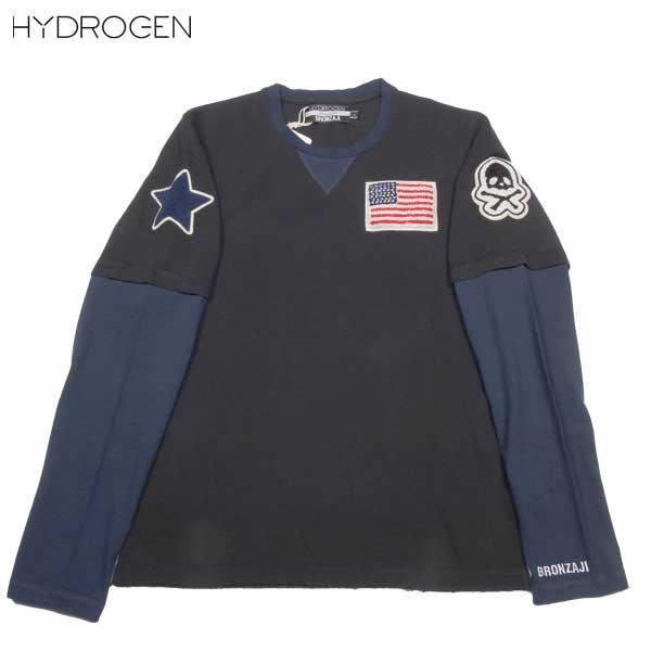 ハイドロ遺伝因子 HYDROGEN メンズ トップス カットソー 長袖 ロンT 前Vガゼット・マルチワッペンバイカラーロングスリーブプルオーバー 黒いこと/米国海軍 148004 007 NERO (R25200/R19950)