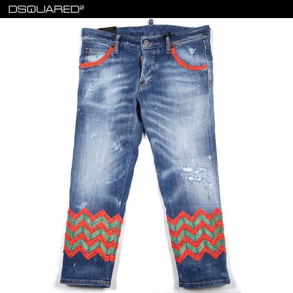 DSQUARED2 ブリーチ ダメージ加工 ワイド クロップドデニムパンツ DSQUARED2 ブリーチ ダメージ加工 ワイド クロップドデニム