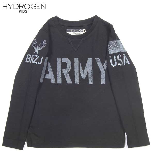 ハイドロ遺伝因子 HYDROGEN キッズ トップス 肌付き ロングプルオーバー Vガゼット ミリタリーワッペンプリント BRONZAJI ARMY刷り上げるロングプルオーバー 黒いこと 黒 15B026 007 (R11230) DB14A【貨物輸送無料】【smtb-TK】