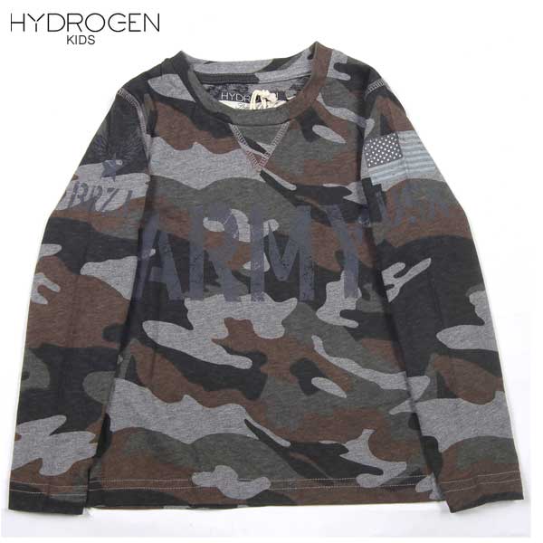 ハイドロ遺伝因子 HYDROGEN キッズ トップス 肌付き ロングプルオーバー Vガゼット ミリタリーワッペンプリント BRONZAJI ARMY刷り上げるロングプルオーバー 薄墨色化けの皮柄 15B026 035 DB14A (R11230)【貨物輸送無料】【smtb-TK】