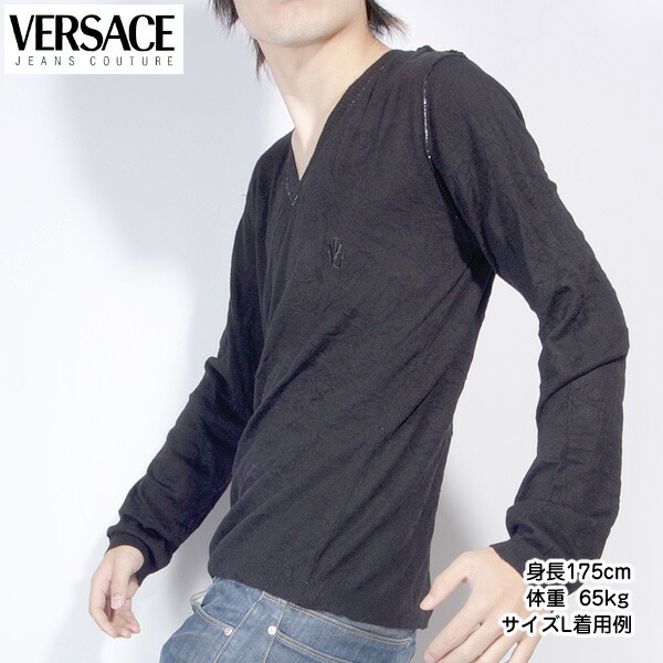 オープニング 大放出セール メンズ Jeans Versace ヴェルサーチジーンズ トップス R420 送料無料 Smtb Tk 900 Ov2805 黒 ブラック シルクカシミヤ シルクカシミア ワンポイントロゴ Vネックセーター Vネックニット セーター ニット インナー 1109 56