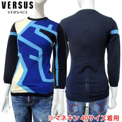 ヴェルサス VERSUS レディース トップス ニット セーター 幾何学柄クルーネックニット ブルー/ホワイト/ブラック 青 白 黒 GU7829 81508 703 (R46800)【送料無料】【smtb-TK】｜ガッツ ブランドショップ