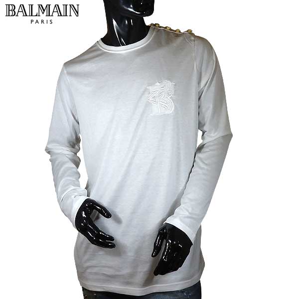 BALMAIN バルマン ホワイト 肩銀釦 ロゴ カットソー　長袖　ロンT M BALMAIN バルマン ホワイト 肩銀釦 ロゴ カットソー 長袖 ロンT S