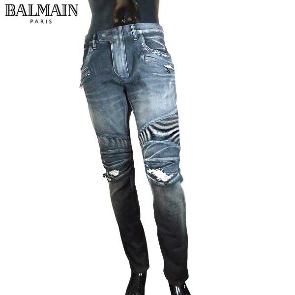 「激レア」バルマン　バイカーデニム BALMAIN(バルマン) TAPERED 蛇腹バイカーデニムパンツ MH005031D