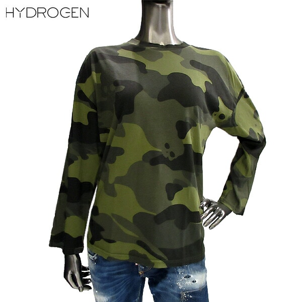 ハイドロゲン HYDROGEN レディース トップス Tシャツ 長袖 ロンT 迷彩 カモ柄クルーネックコットンロングTシャツ グリーン 色違い(ブラック)あり 211006 A60 71A (R27000)【送料無料】【smtb-TK】|ガッツ ブランドショップ