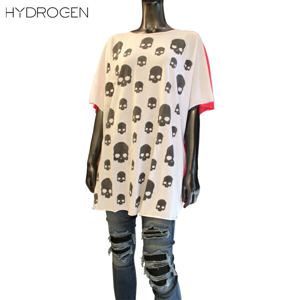 ハイドロゲン HYDROGEN レディース トップス Tシャツ 半袖 ロゴ 総柄スカルロゴ・バックネオンカラー付きチュニック丈Tシャツ 白 色違い有(黒・黄色) 121104 161 (R27300) 13S【送料無料】【smtb-TK】
