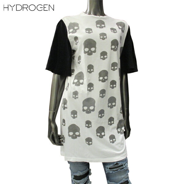 ハイドロゲン HYDROGEN レディース トップス Tシャツ 半袖 ロゴ 袖口ブラックカラー・総柄スカルロゴプリント付ロング丈Tシャツ ホワイト 白 121100 WH/BK 13S (R27300)【送料無料】【smtb-TK】｜ガッツ ブランドショップ