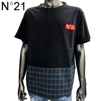 ヌメロヴェントゥーノ N°21 メンズ トップス Tシャツ 半袖 ロゴ N°21ロゴ・切り替えチェック柄Tシャツ 黒 BLACK 18 N1M0 F026 6333 9001 81A (R38000)【送料無料】【smtb-TK】|ガッツ ブランドショップ