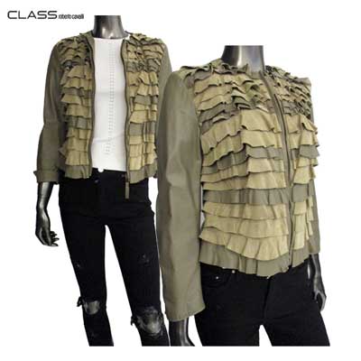 クラスロベルトカバリ Class Roberto Cavalli レディース アウター ジャケット レザージャケット レザーフリル装飾デザイン・レザージャケット 襟なし ショート丈ベージュ カーキ系10S CD801 792 GT10A (R199500)【送料無料】【smtb-TK】|ガッツ ブランドショップ