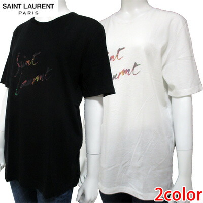 ランキング入賞商品 サンローランパリ Saint Laurent Paris レディース Tシャツ トップス 半袖 クルーネック アニマル柄 ひょう柄 ピンク色ロゴ 筆記体 カラフル ブランドロゴ ブラック 黒 ホワイト 白 Ybcl2 1068 8486 91s R 送料無料 Smtb Tk