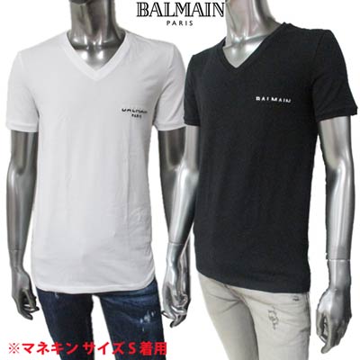 バルマン BALMAIN メンズ トップス ティーシャツ 半袖 ロゴタイプ 2color ※丸首手合いもあります バイカラースモールBALMAINロゴタイプ刺しゅう付ティーシャツ 白/黒 BRM805170 10012/00112 100/001 (R22000)  121 春夏【貨物輸送無料】 【smtb-TK】