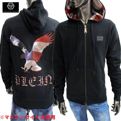 フィリップ飾り気の無い PHILIPP PLEIN メンズ トップス パーカー フーディー ロゴタイプ ボンネット裏亜米利加柄・うしろ側亜米利加柄イーグルロゴ・サイドジップ付ジップパーカー HM610011 02 (R98000)  WA13A 【貨物輸送無料】 【smtb-TK】