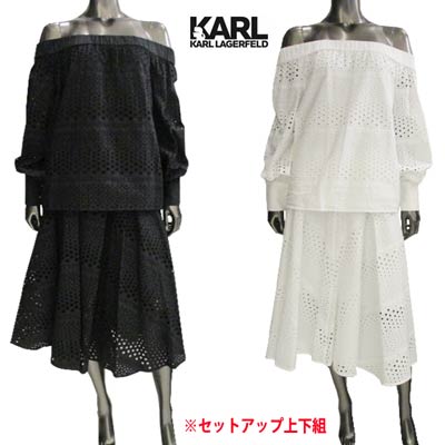 カールラガーフェルド KARL LAGERFELD レディース セットアップ 上下組 トップス チュニック スカート ロゴ 2color カッティングレース オフショルダー 白 黒 ブラウス スカート 221W1203 221W1606 100WHITE 999BLACK (R73800) 221 春夏新作【送料無料】 【smtb-TK】