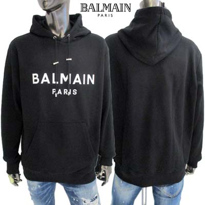 バルマン 黒いパンツに Paris プリント フーディー 関送無 Balmainのブラック Paris プリント フーディがセール中