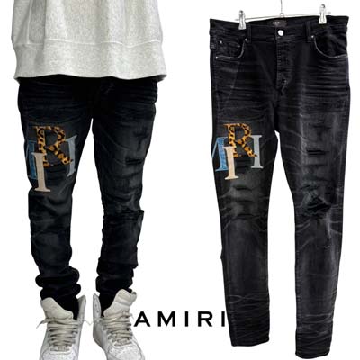 アミリ AMIRI メンズ ボトムス ジーパン パンツ デニム ダメージ加工・サイドマルチカラーデザインロゴ・バックポケット部分ロゴプレート・レザーロゴパッチ入りクラッシュデニム ブラック MDS021 518 (R291500) 322 2023年秋冬新作 【送料無料】 【smtb-TK】|ガッツ ブランドショップ