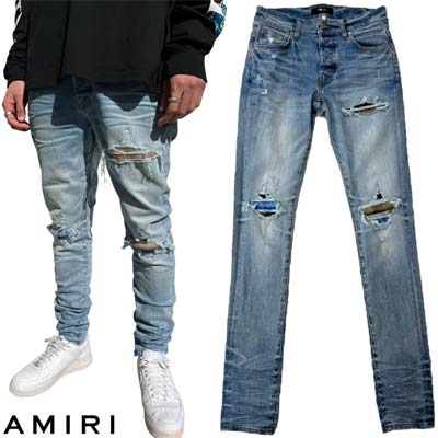 アミリ AMIRI メンズ ジーンズ パンツ デニム MOHAIR MX1 ダメージ部分マルチカラーニット当て布・バックレザーロゴパッチ・バックロゴプレート・フロントロゴボタン付きクラッシュデニム ブルー AMDNSY 1005 426 (R231000) 421 2024年春夏新作 【送料無料】 【smtb-TK】|ガッツ ブランドショップ