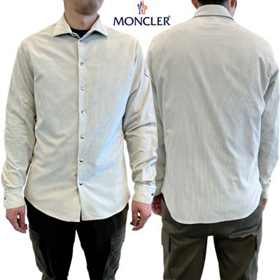 MONCLER ネイビー×ホワイト ストライプ ラバーロゴ付き 長袖シャツ S MONCLER ネイビー×ホワイト ストライプ ラバーロゴ付き 長袖シャツ S