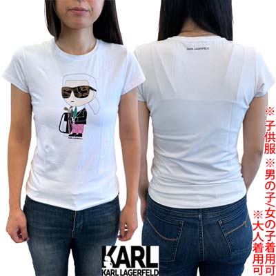 カールラガーフェルド KARL LAGERFELD Tシャツ 半袖 キッズ 子供服 ユニセックス 大人着用可 KLロゴパンツ着用アイコニックロゴ/ゴルフクラブ/キャディバッグ・バックネックロゴ入りTシャツ ホワイト Z30111 10P 14A/16A (R12100) 421 2024年春夏新作 送料無料 【smtb-TK】