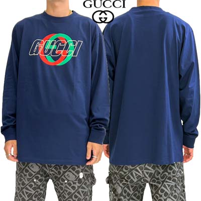 グッチ GUCCI ロンT ロングTシャツ メンズ 長袖 トップス ロゴT フロント中抜きロゴ/インターロッキングGGロゴ入りロングスリーブコットンTシャツ ネイビー 774304 XJGA4 4622 (R104500) WA421 2024年春夏新作 【送料無料】 【smtb-TK】｜ガッツ ブランドショップ