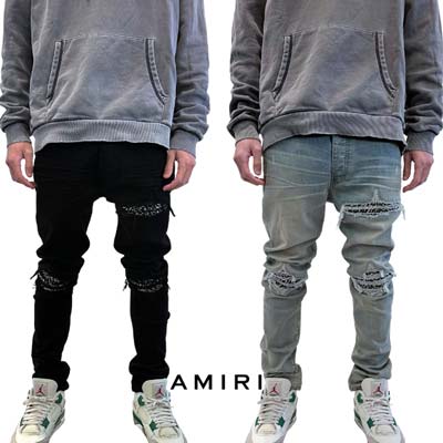 AMIRI アミリ ジーンズ パンツ メンズ デニム LEOPARD MX1 ダメージ加工・ポケット部分レオパード柄・バックロゴパッチ/ロゴプレート付スキニージーンズ ブルー/ブラック AMDNSY1080 406/018 ANTIQUE INDIGO/BLACK OD (R253000) 422 2024年秋冬新作 【送料無料】 【smtb-TK】｜ガッツ ブランドショップ