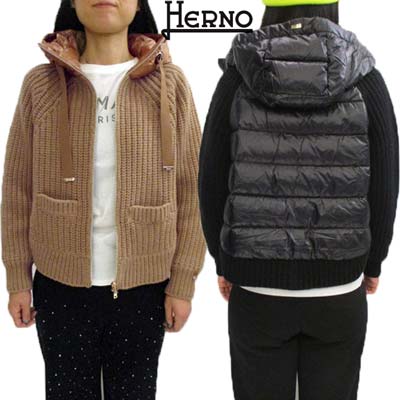 HERNO 地獄ノ ティーシャツ レディース 編み物 ジレー 上衣 うしろ側/ボンネット落ち込む原料品・ボンネット縁/リストバンド/ドローストリング金具分け取りロゴタイプ入り口・入口ボンネット付羊毛ティーシャツ ベージュ/黒いこと MP000135D 70016 2157/9300 (R214500) 422 2024年秋冬新作 【貨物輸送無料】 【smtb-TK】