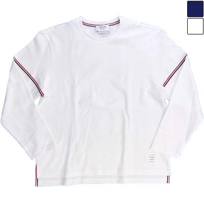 THOM BROWNE トムブラウン ロンT メンズ 長袖Tシャツ ロングTシャツ コットン クルーネック ロゴパッチ トリコロール ホワイト/ネイビー MJS281A J0199 100/415 (R100100) G&B521 2025年春夏新作 【送料無料】 【smtb-TK】｜ガッツ ブランドショップ