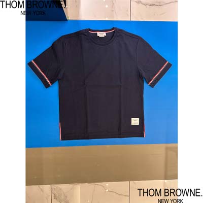 【関税負担なし】 THOM BROWNE Tシャツ - ネイビー THOM BROWNE】ネイビー ストライプコットンジャージーTシャツ