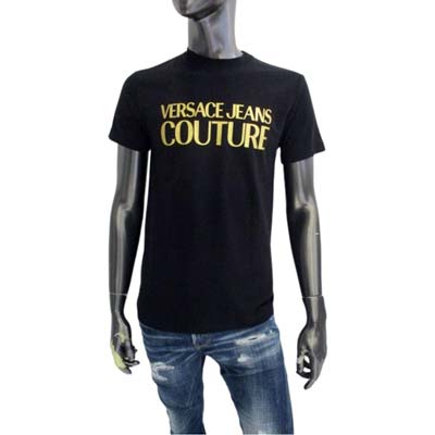 VERSACE JEANS COUTURE ヴェルサーチジーンズクチュール 半袖Tシャツ メンズ ブランドロゴ ゴールド クルーネック コットン ブラック 74GAHT01 CJ00T G89 (R20900) MB 2025年春夏新作 【送料無料】 【smtb-TK】
