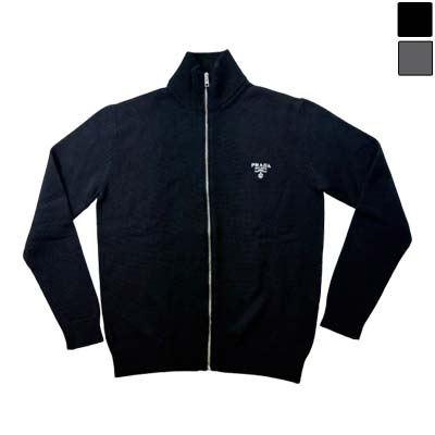 PRADA プラダ ジレー メンズ 編み物 ブランド名ロゴタイプ ジップアップ カシミール ハイネック 薄墨色/黒いこと UMG245 11LM F0480/F0002 (R456500) GB522 新作 【貨物輸送無料】
