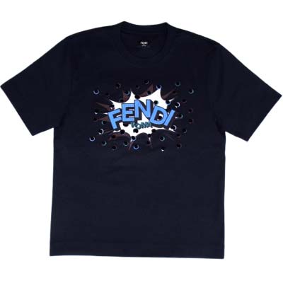 FENDI フェンディ 半袖Tシャツ メンズ 刺繍ロゴ ドットデザイン クルーネック コットン100% ダークブルー FY0936AW0XF0QG0 (R173800) MENGO621 新作 【送料無料】｜ガッツ ブランドショップ