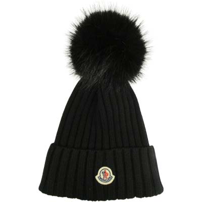 MONCLER モンク軌跡 編み物帽 レディース 旗がしら ポンポン ロゴタイプ紋章 ウールニットビーニー 黒いこと L10933B00020M1131999 (R69500) GROP621 新作 【貨物輸送無料】