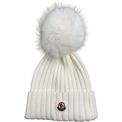MONCLER モンク軌跡 編み物帽 レディース 旗がしら ポンポン ロゴタイプ紋章 ウールニットビーニー 白いこと L10933B00020M1131034 (R69500) GROP621 新作 【貨物輸送無料】