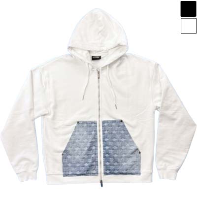 DSQUARED2 ディースクエアード パーカー メンズ デニムポケット D2ロゴ メープルリーフ ジップアップ フーディ ホワイト/ブラック S74HG0186D25028 (R138600) COLOG621 新作 【送料無料】｜ガッツ ブランドショップ