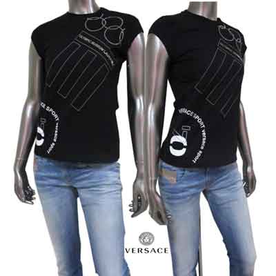ヴェルサーチ VERSACE レディース トップス Tシャツ ノースリーブ タンクトップ ロゴ フロント部分全面デザイン付きノースリーブTシャツ ブラック 黒 30894 111934 002 (R20800) 04SS 【送料無料】 【smtb-TK】｜ガッツ ブランドショップ